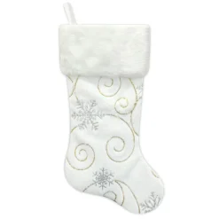 STOCKING 20.5″ WHITE W/ SILVER SEQUINS SNOWFLAKE FAUX FUR WITH FAUX FUR CUFF