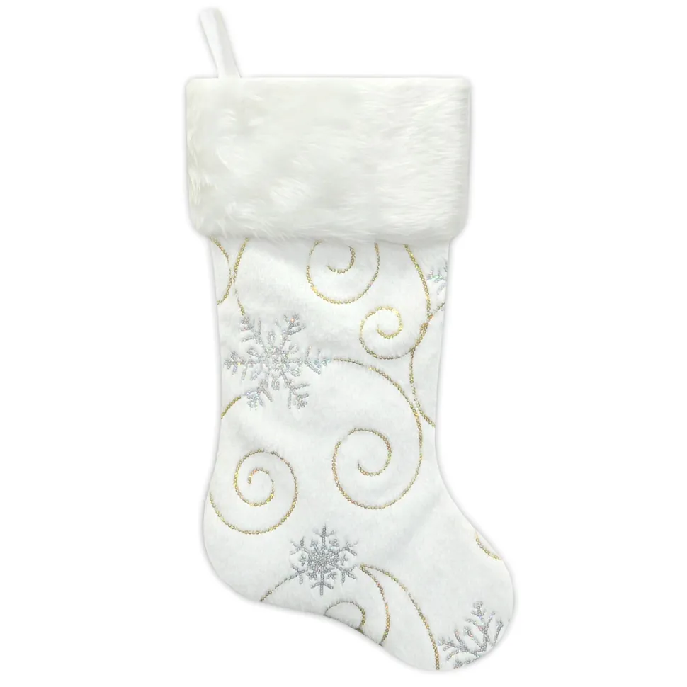 STOCKING 20.5″ WHITE W/ SILVER SEQUINS SNOWFLAKE FAUX FUR WITH FAUX FUR CUFF
