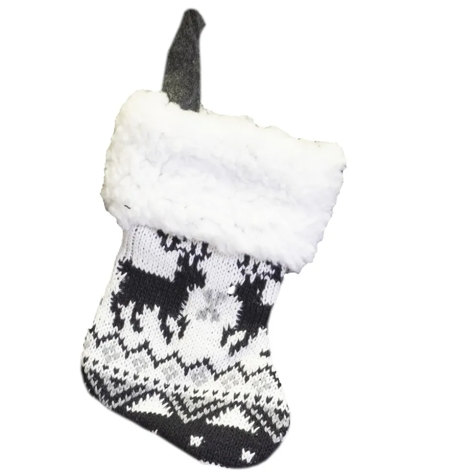 STOCKING MINI 6″ BLACK/ WHITE KNITTED REINDEER PATTERN W/FUR CUFF