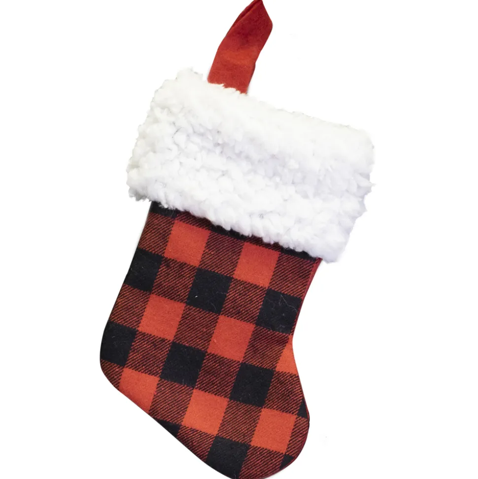 STOCKING MINI 6″ RED/ BLACK BUFFALO PLAID W/FUR CUFF