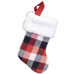 STOCKING MINI 6″ RED/ BLACK/ WHITE PLAID W/FUR CUFF