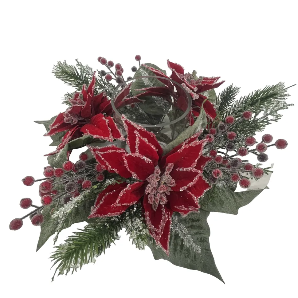 TABLE DECOR RED POINSETTIA 16″ ICED W/ CANDLE HOLDER W/ MIXED GREENS & ICED RED BERRIES