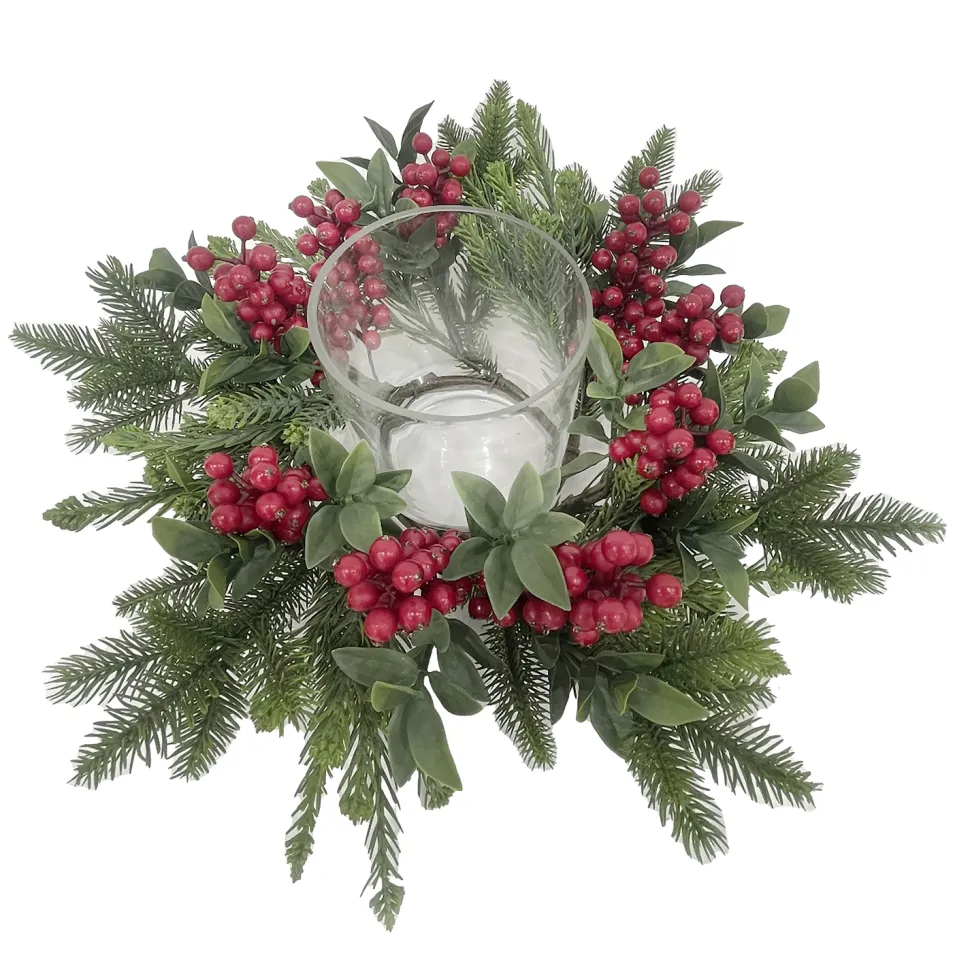 TABLE DECOR W/ CANDLE HOLDER 14″ RED BERRIES W/ PE PINE