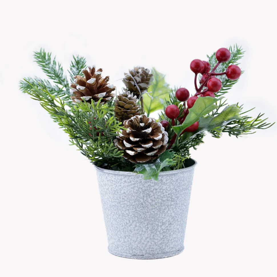TABLE PIECE 8″ MIXED GREENS W/ PINE CONES & BERRIES IN POT