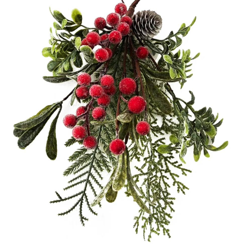 TEARDROP 13″ RED BERRIES W/ FROSTED MIXED GREENERY/PINE