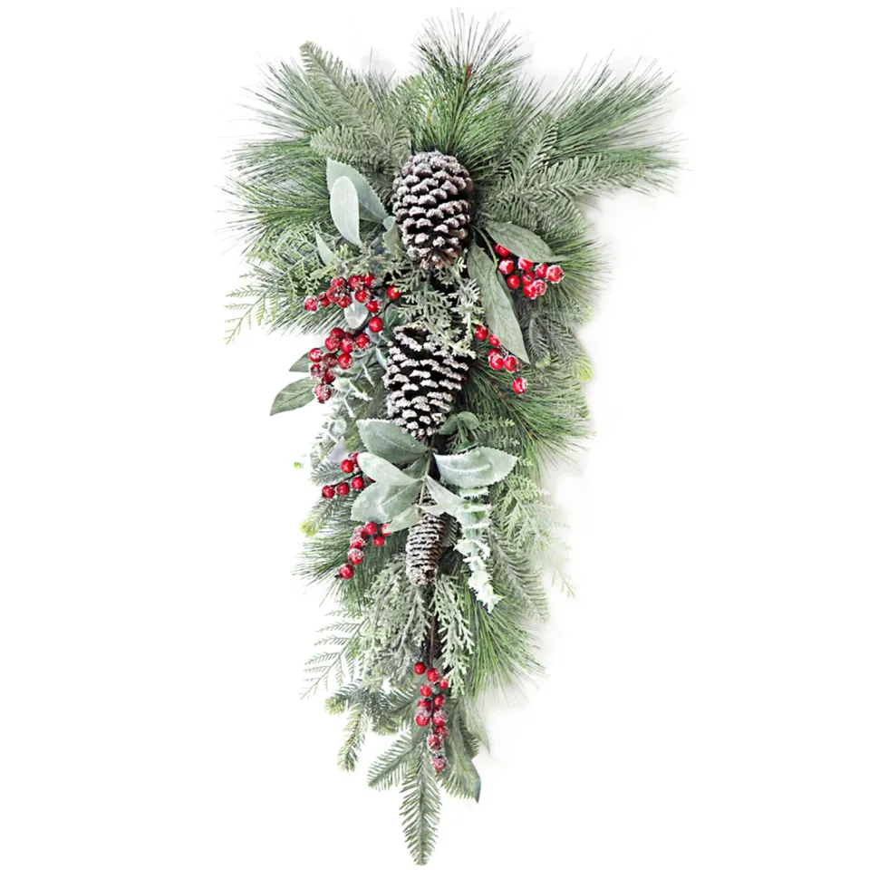 TEARDROP GRN 30″ MIXED PINE, CEDAR, RED BERRIES & CONES ICED/ ICED / FROSTED