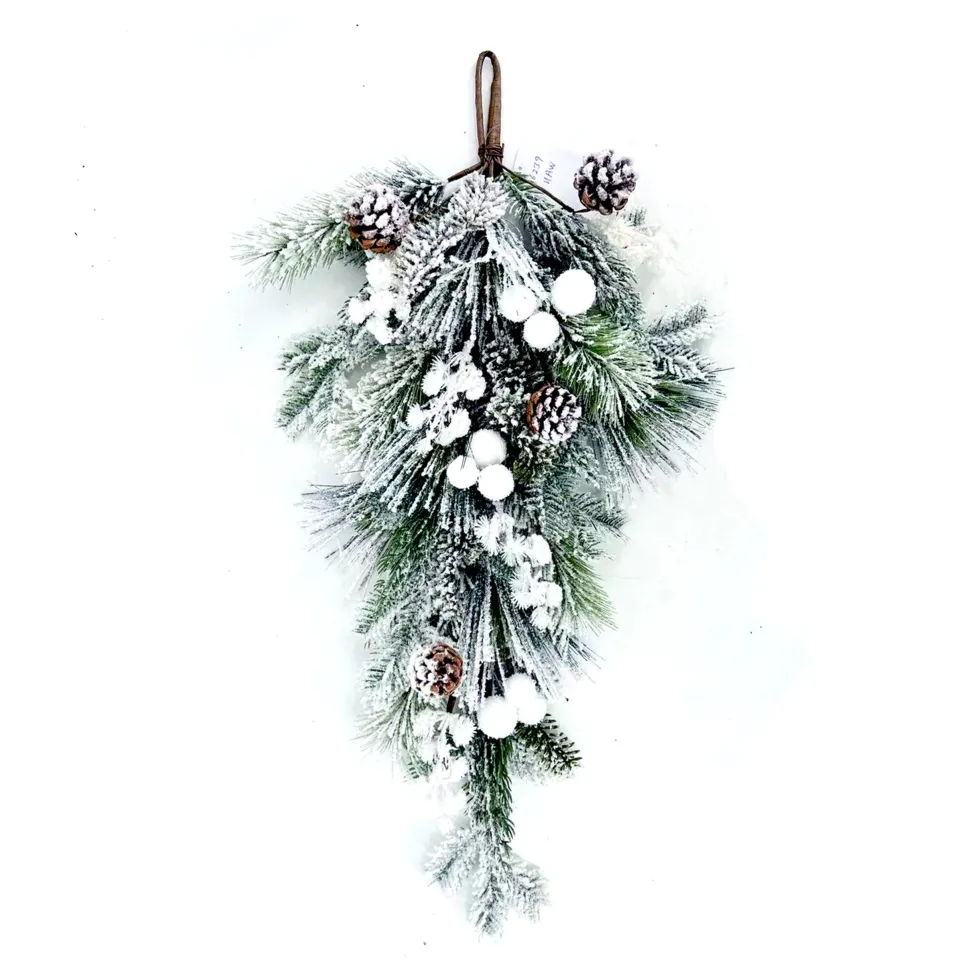 TEARDROP PINE 28.5″ FLOCKED MIXED PINE W/ PINE CONES AND WHITE SNOW BALLS