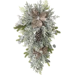 TEARDROP TAUPE POINSETTIA 30″ FROSTED W/ MIXED GREENS, PINE CONES, & BERRIES