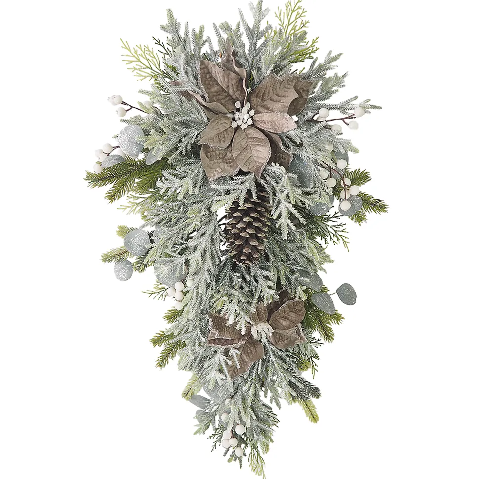 TEARDROP TAUPE POINSETTIA 30″ FROSTED W/ MIXED GREENS, PINE CONES, & BERRIES