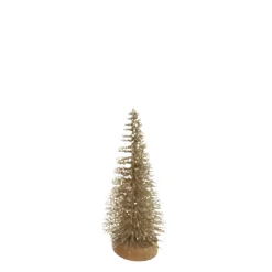 TREE BOTTLE BRUSH GOLD GLTR. 8″ W/ WOOD BASE