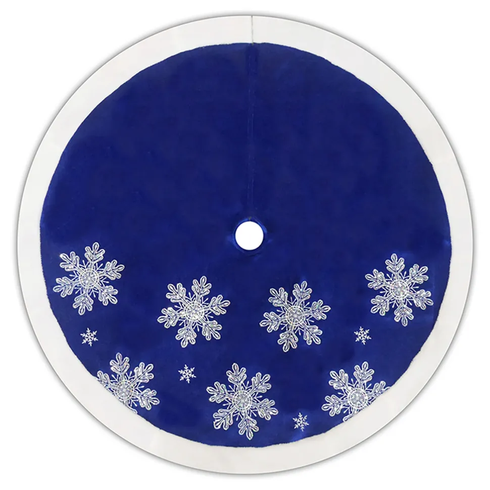 TREE SKIRT 48″ BLUE VELVET W/ FAUX FUR BORDER, IRID. SNOWFLAKES SEQUINS EMBROIDERY
