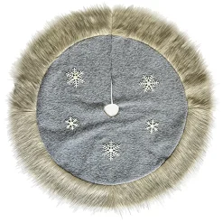 TREE SKIRT 39.5″ FAUX FUR GRAY W/ SNOWFLAKE