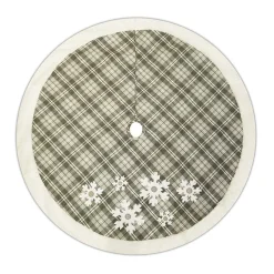 TREE SKIRT 48″ GRAY PLAID W/ SHERPA BORDER, EMBROIDERY, SNOWFLAKE DESIGN