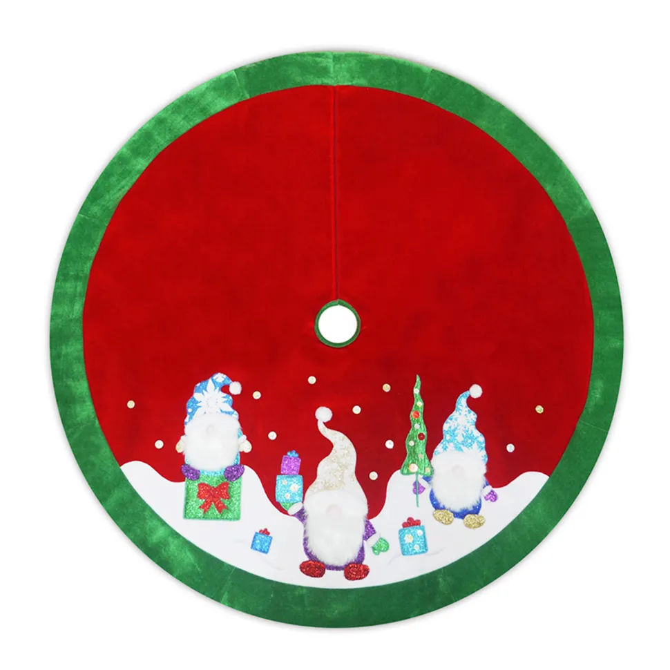 TREE SKIRT 48″ RED VELVET W/ METALLIC EMBROIDERY GNOME DESIGN