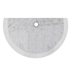 TREE SKIRT 48″ WHITE W/GLITTER PRINT ON SHEER ORGANZA W/ FAUX FUR BORDER