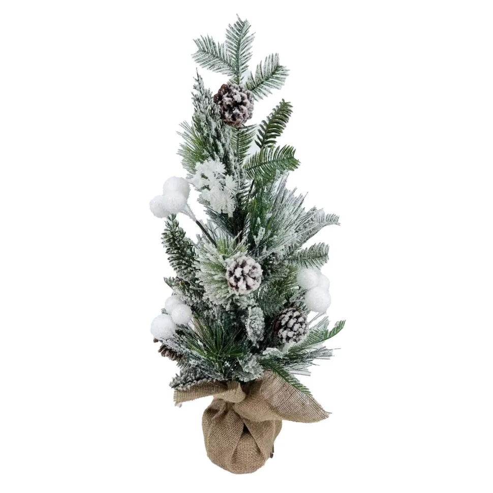TREE TABLETOP 24″ FLOCKED MIXED PINE W/ PINE CONES AND WHITE SNOW BALLS