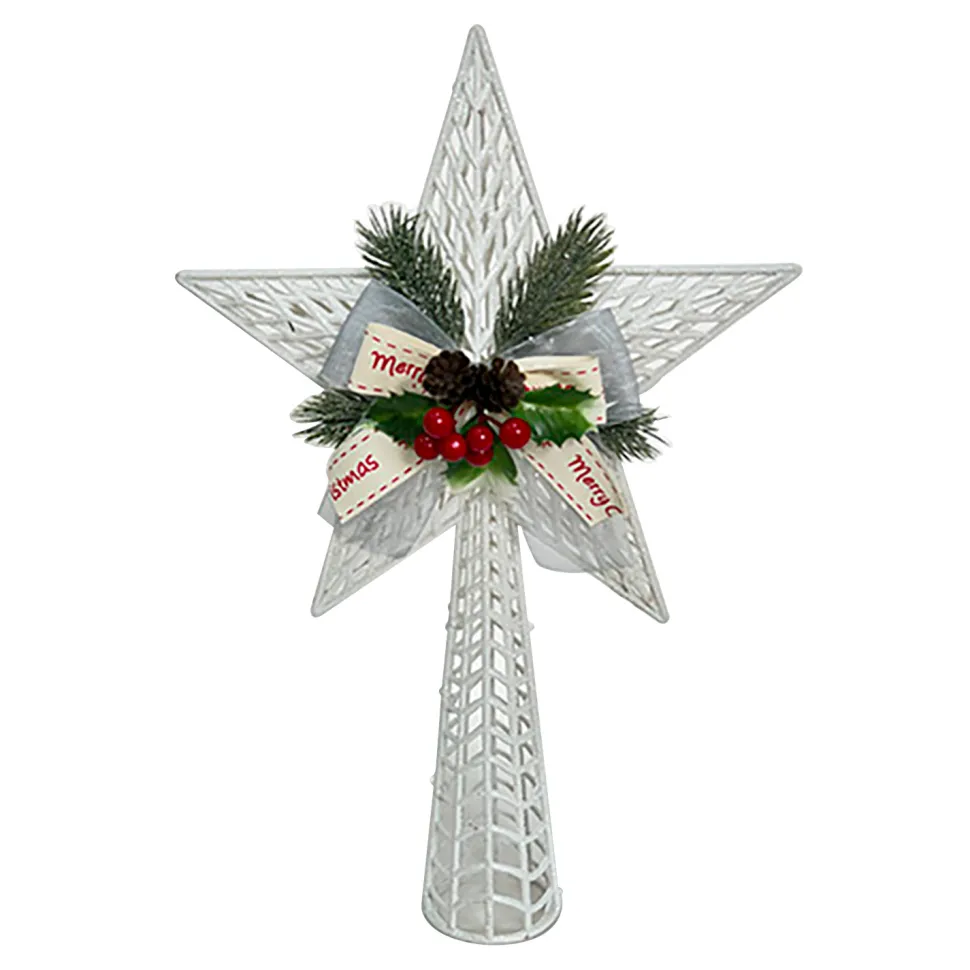 TREE TOP STAR WHITE 14.5″ W/ BOW, PINE, CONE & BERRIES