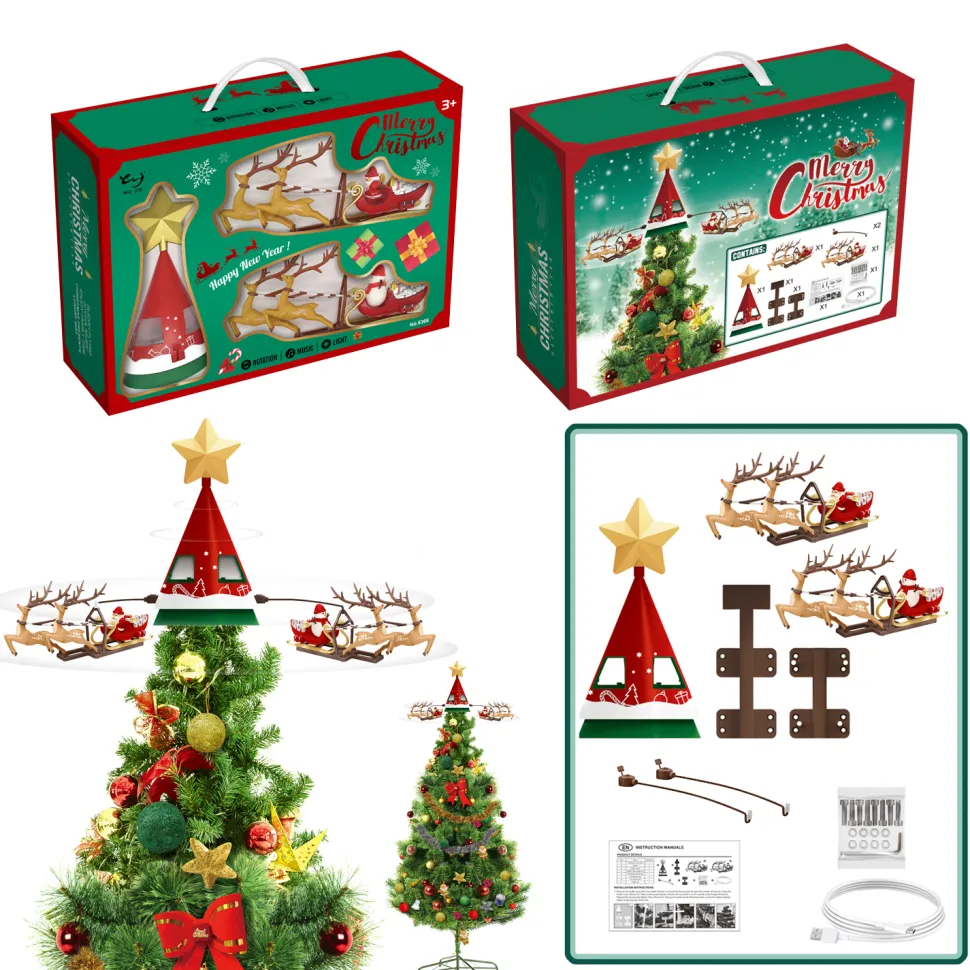 TREE TOPPER – ROTATING SLEIGH 9PCS W/MOVEMENT, LIGHTS & MUSIC B/O 25.5″x25.5″x16″