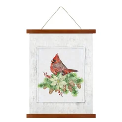 WALL SCROLL CARDINAL ON A POINSETTIA & PINE 15.5″x19.5″