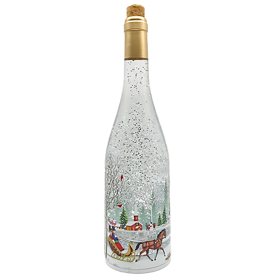 WATER BOTTLE GLOBE HORSE CARRIAGE WINTER SCENE 12″ W/ GLITTER SPINNER, LED LIGHT, B/O