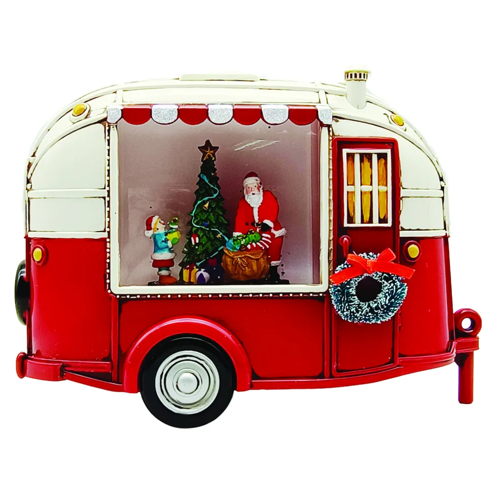 WATER GLOBE CAMPER VAN W SPINNER WITH SANTA & CHILD IN SWIRL GLITTER LED 6.75″