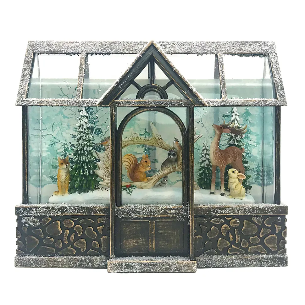 WATER GLOBE FROSTED GREEN HOUSE W/ ANIMALS 9″X8″ W/ GLITTER SPINNER, LED LIGHT, B/O