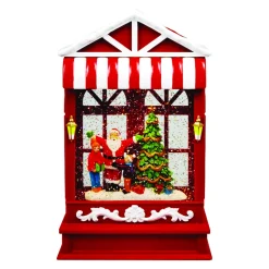 WATER GLOBE HOUSE SCENE AUTO SPINNER WITH SANTA & TREE IN SWIRL GLITTER LED 10″