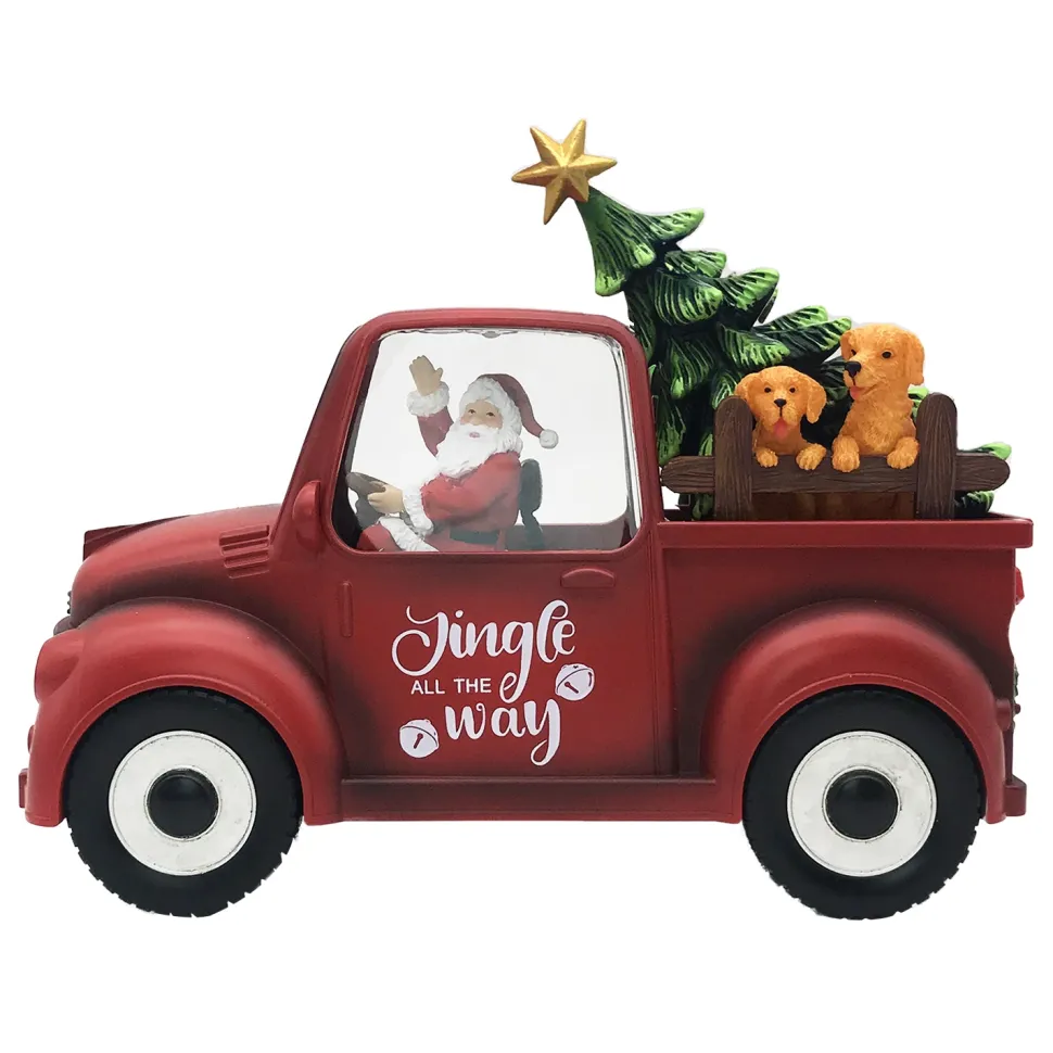 WATER GLOBE TRUCK AUTO SPINNER WITH SANTA & TREE IN SWIRL GLITTER LED 8.5 X 4.5