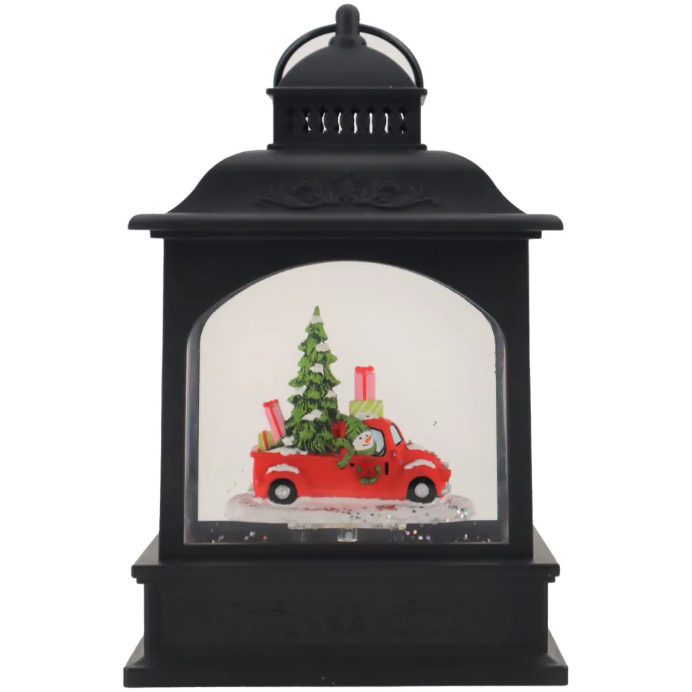 WATER LANTERN BLACK 8″ RED TRUCK SCENE W/ SWIRL GLITTER, LED B/O