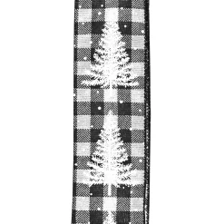 WIRED RIBBON 2.5″X10 YDS BLACK/ WHITE CHECK W/ WHITE TREES