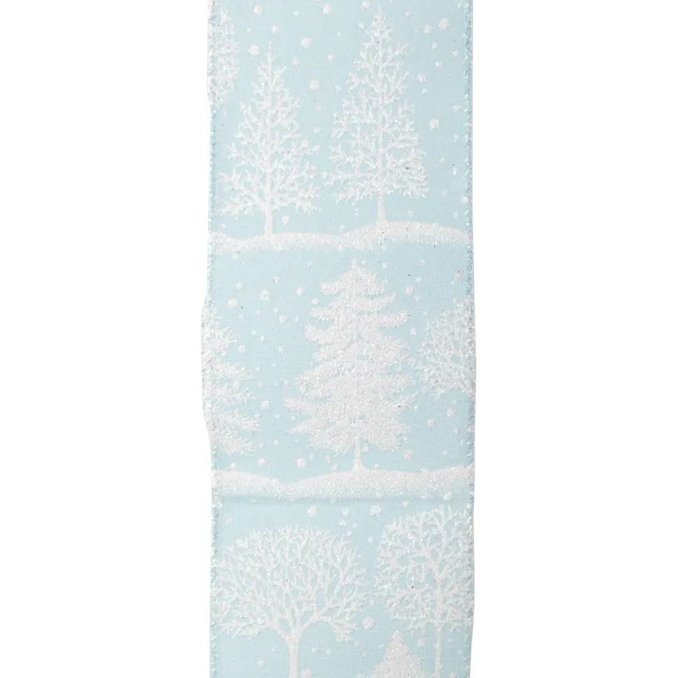 WIRED RIBBON 2.5″X10 YDS BLUE ICE W/ WHITE TREE PRINT