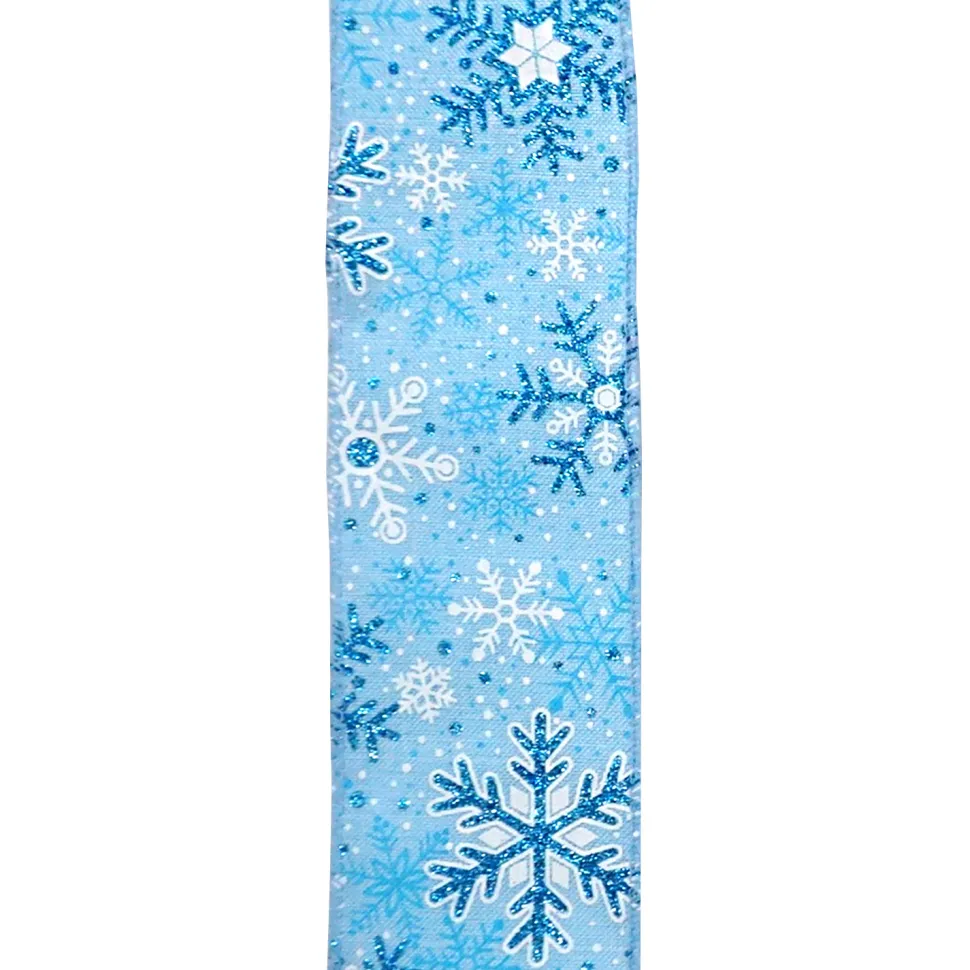 WIRED RIBBON 2.5″X10 YDS BLUE- LIGHT WITH GLITTER SNOWFLAKES