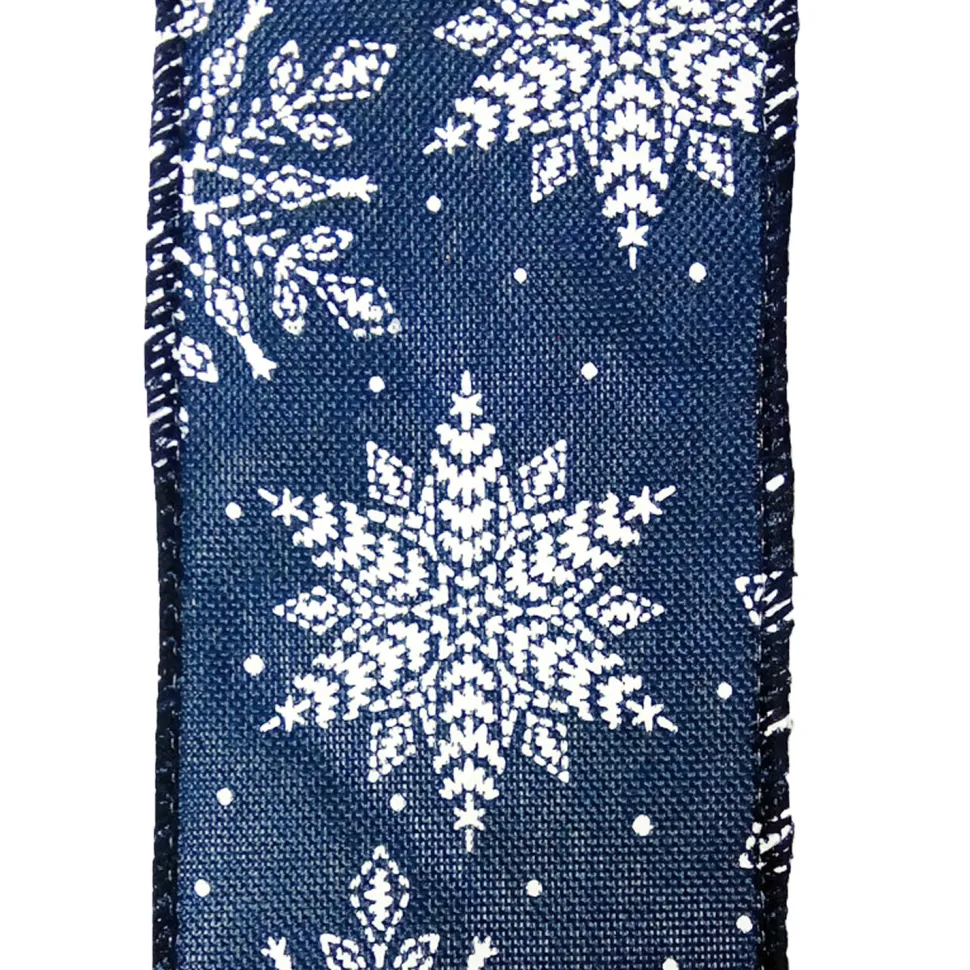 WIRED RIBBON 2.5″X10 YDS BLUE W/ WHITE SNOWFLAKES