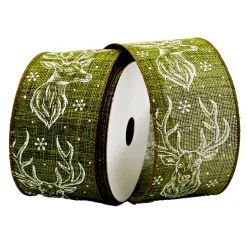 WIRED RIBBON 2.5″x10 YDS. FROST GREEN W/ REINDEER HEAD