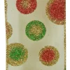WIRED RIBBON 2.5″X10 YDS IVORY W/ GOLD, RED, GREEN GLIITER DOTS
