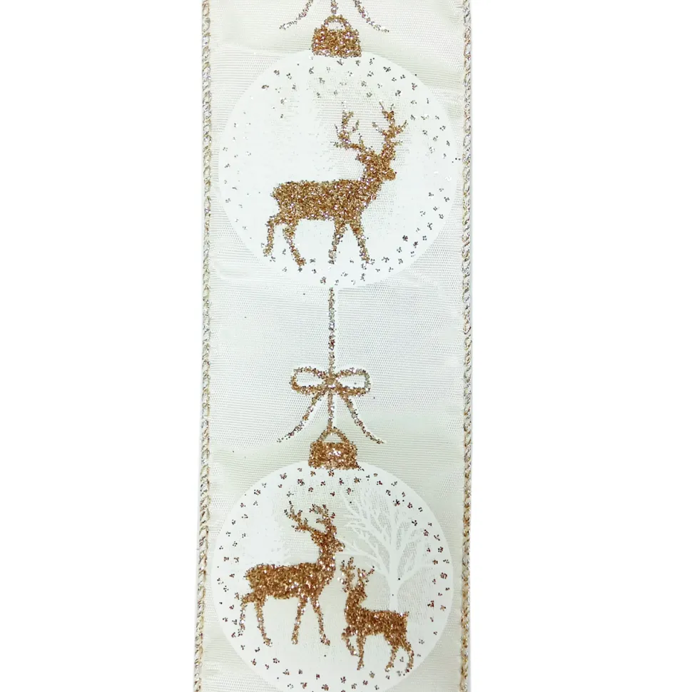 WIRED RIBBON 2.5″X10 YDS IVORY W/GOLD REINDEER IN BALLS