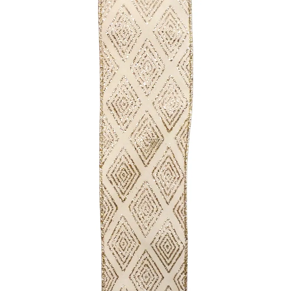 WIRED RIBBON 2.5″X10 YDS IVORY W/ GOLD GLITTER DIAMOND PATTERN
