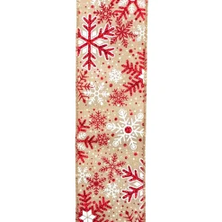 WIRED RIBBON 2.5″X10 YDS NATURAL W/ RED GLITTER SNOWFLAKES