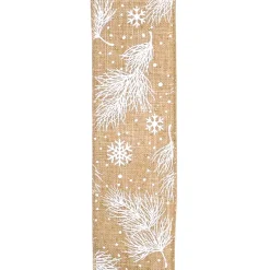 WIRED RIBBON 2.5″X10 YDS NATURAL W/ WHITE PINE & SNOWFLAKES
