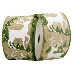 WIRED RIBBON 2.5″x10 YDS. NATURAL W/ WHITE STANDING REINDEER