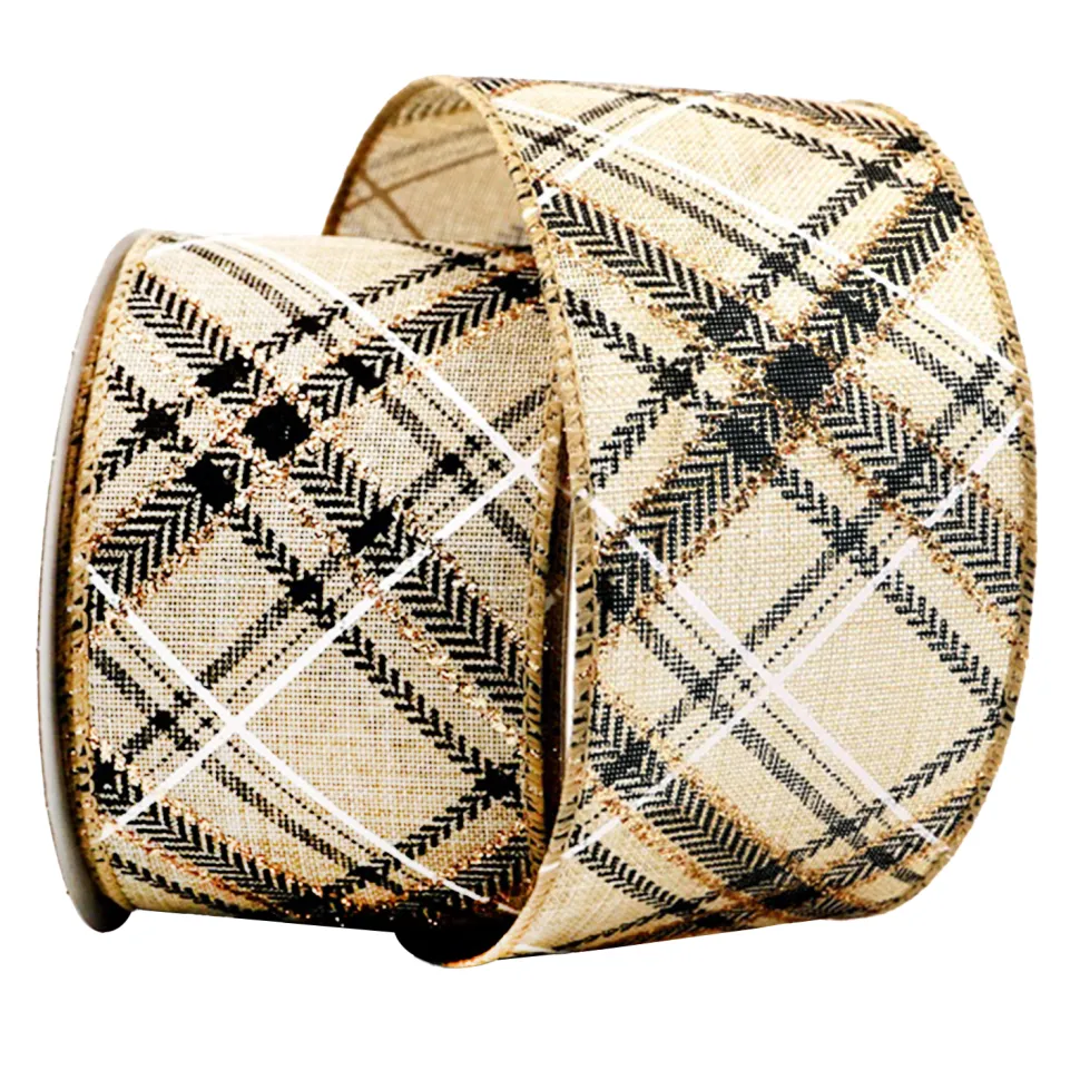 WIRED RIBBON 2.5″x10 YDS. NATURAL W/ BLACK CHAMPANGE PATTERNS