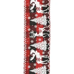 WIRED RIBBON 2.5″X10 YDS RED/ BLACK CHEPLAID W/ TREE, DEER, SNOWFLAKE