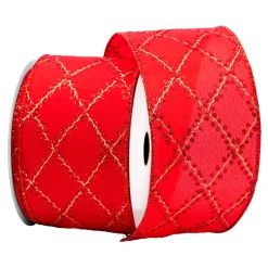 WIRED RIBBON 2.5″x10 YDS. RED SATIN W/ DIAMOND PATTERNS