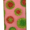 WIRED RIBBON 2.5″X10 YDS RED SHEER W/ RED GREEN GLITTER DOTS