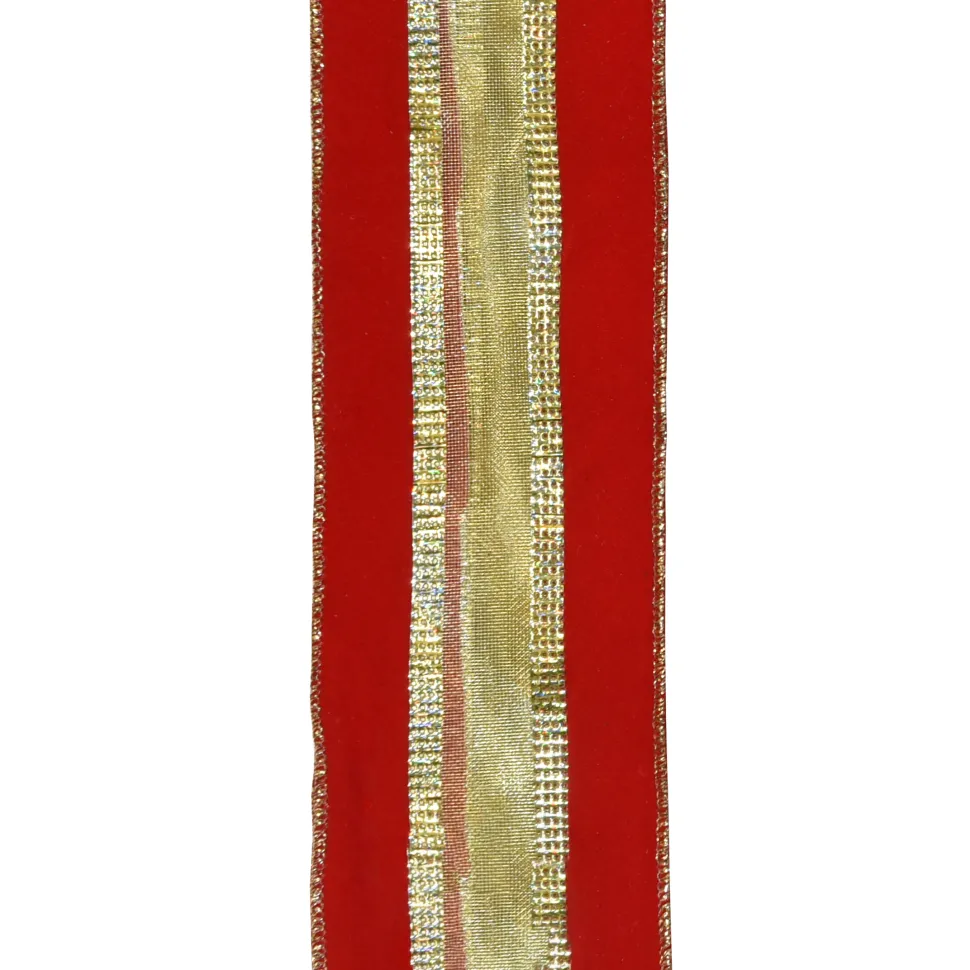 WIRED RIBBON 2.5″X10 YDS RED VELVET W/ GOLD MESH