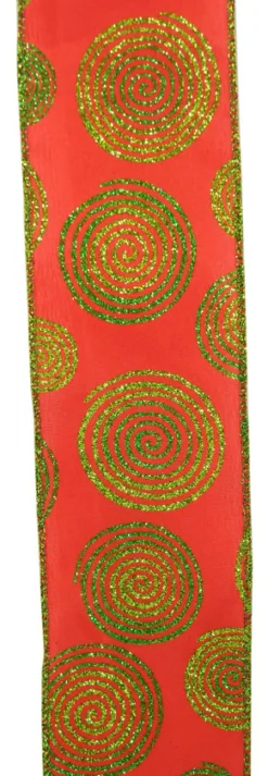 WIRED RIBBON 2.5″X10 YDS RED W/ GREENS GLITTER SWIRLS