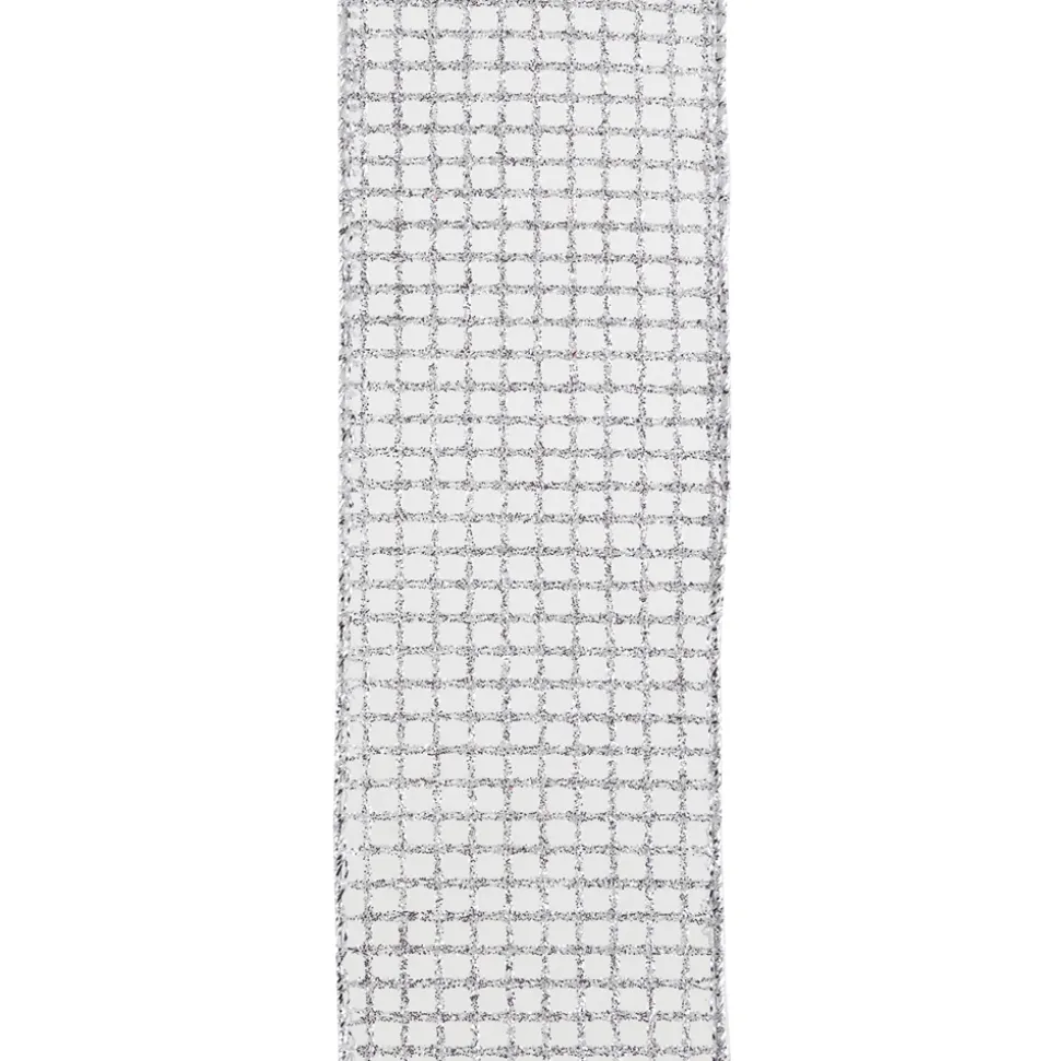 WIRED RIBBON 2.5″X10 YDS SILVER GLITTER ON WHITE NET