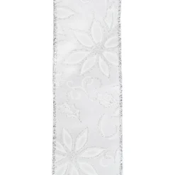 WIRED RIBBON 2.5″X10 YDS WHITE BURLAP SATEEN W/ WHITE POINSETTIA