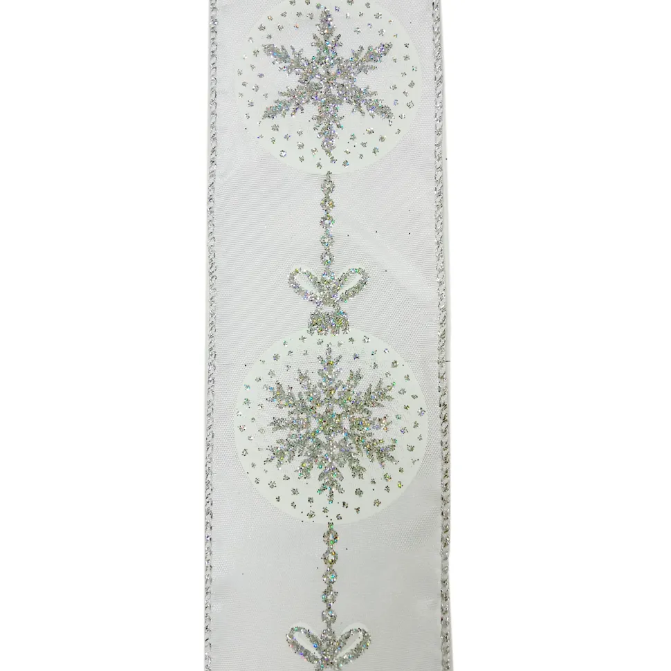 WIRED RIBBON 2.5″X10 YDS WHITE W/ SILVER SNOWFLAKES IN BALL