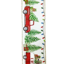 WIRED RIBBON 2.5″X10 YDS WHITE W/ RED TRUCK/CAMPER W/ XMAS TREES